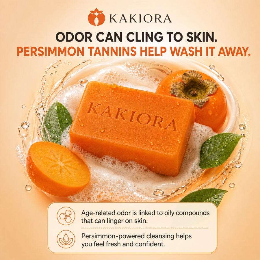 KAKIORA-Seife mit reichhaltigem Schaum und Kaki-Frucht — Kaki-Tannine helfen, Geruch wegzuwaschen